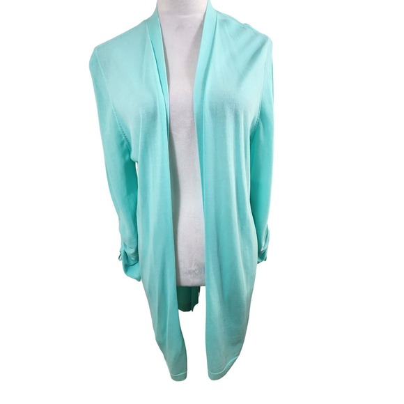 Chico's Sweaters - Chico's 2 Seafoam Green Open Front Longline Cardigan Sweater Ruched Sleeve Sz L